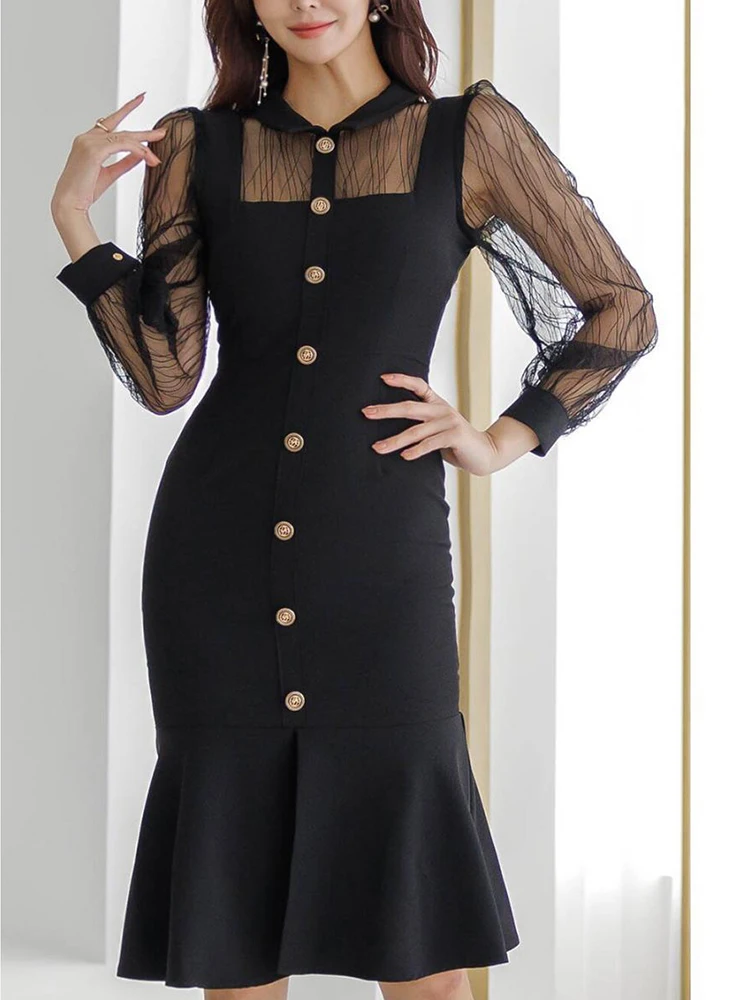 Spring Autumn Ladies Work Style Black Dresses Women Mujer Elegant Commute See Through Sexy Long Sleeve Wrap Hip Dress Vestidos