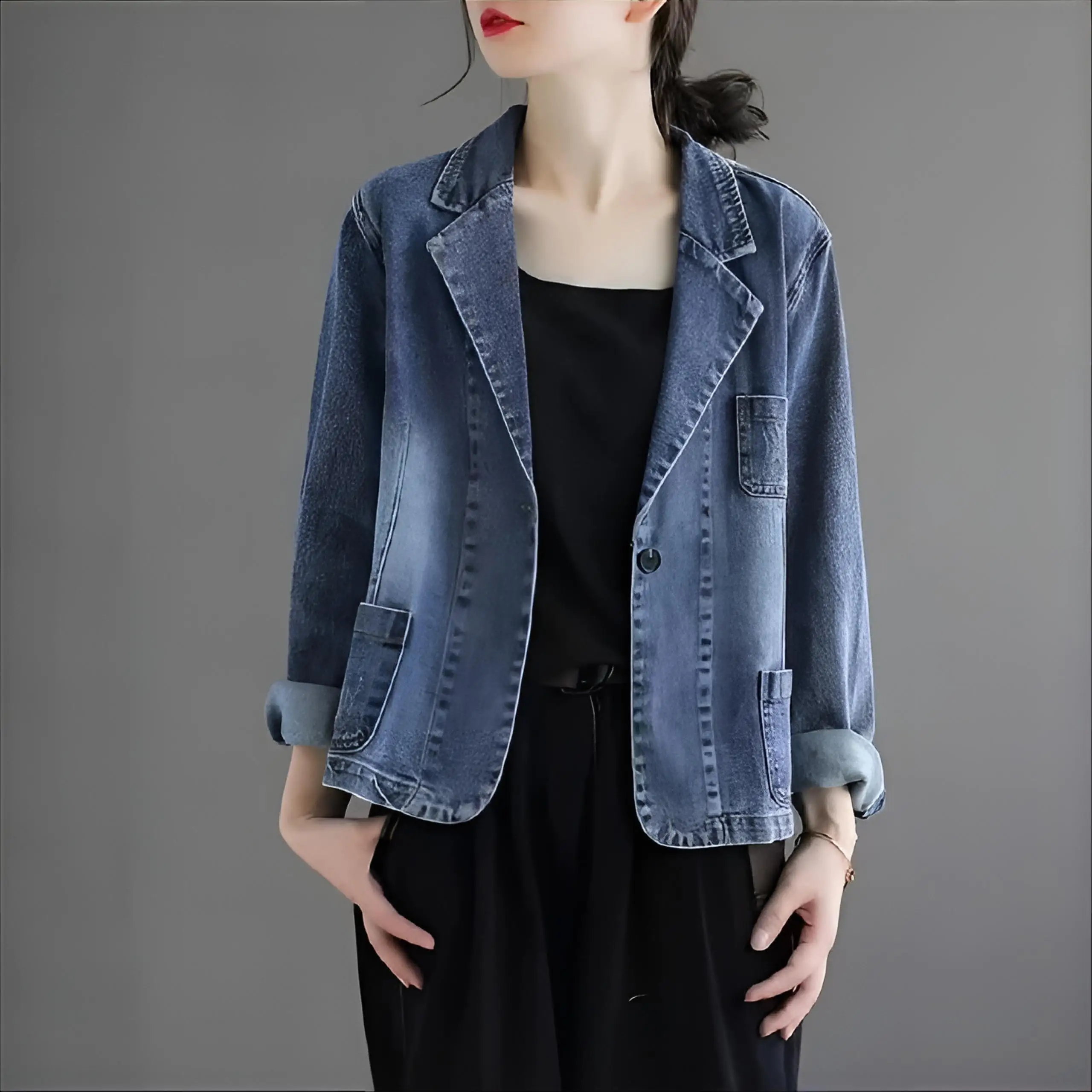 

Denim Coat Real Fur Womens Spring Patchwork Urban Chic Sashes Cropped Sweet Corduroy Outcoats Fitted Pleated Matching Jackets BF