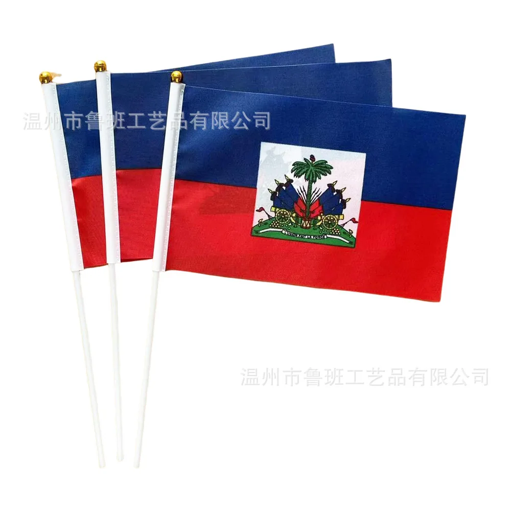 （TIKI FLAG）Haiti hand flag 14x21cm Polyester Fade-Resistance Haiti Hand Waving Flag with Plastic Flagpole for Events