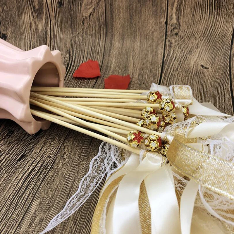 5Pcs Ribbon Wedding Wands Wedding Lace Ribbon Stick Bells Twirling Streamers