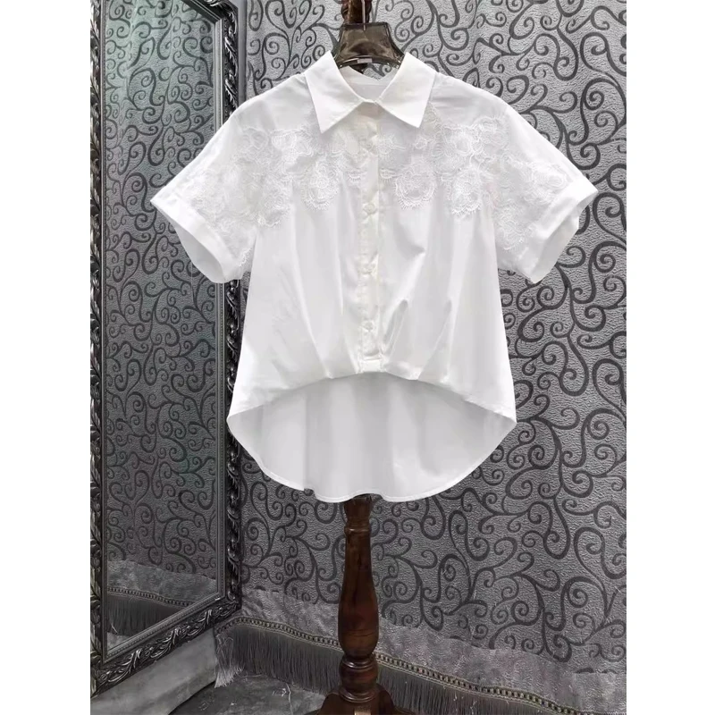Women's Stripe Shirt Short Sleeve 2026 Summer New Design Sensation Small Audience Front Short Back Long Lace Embroidery Top