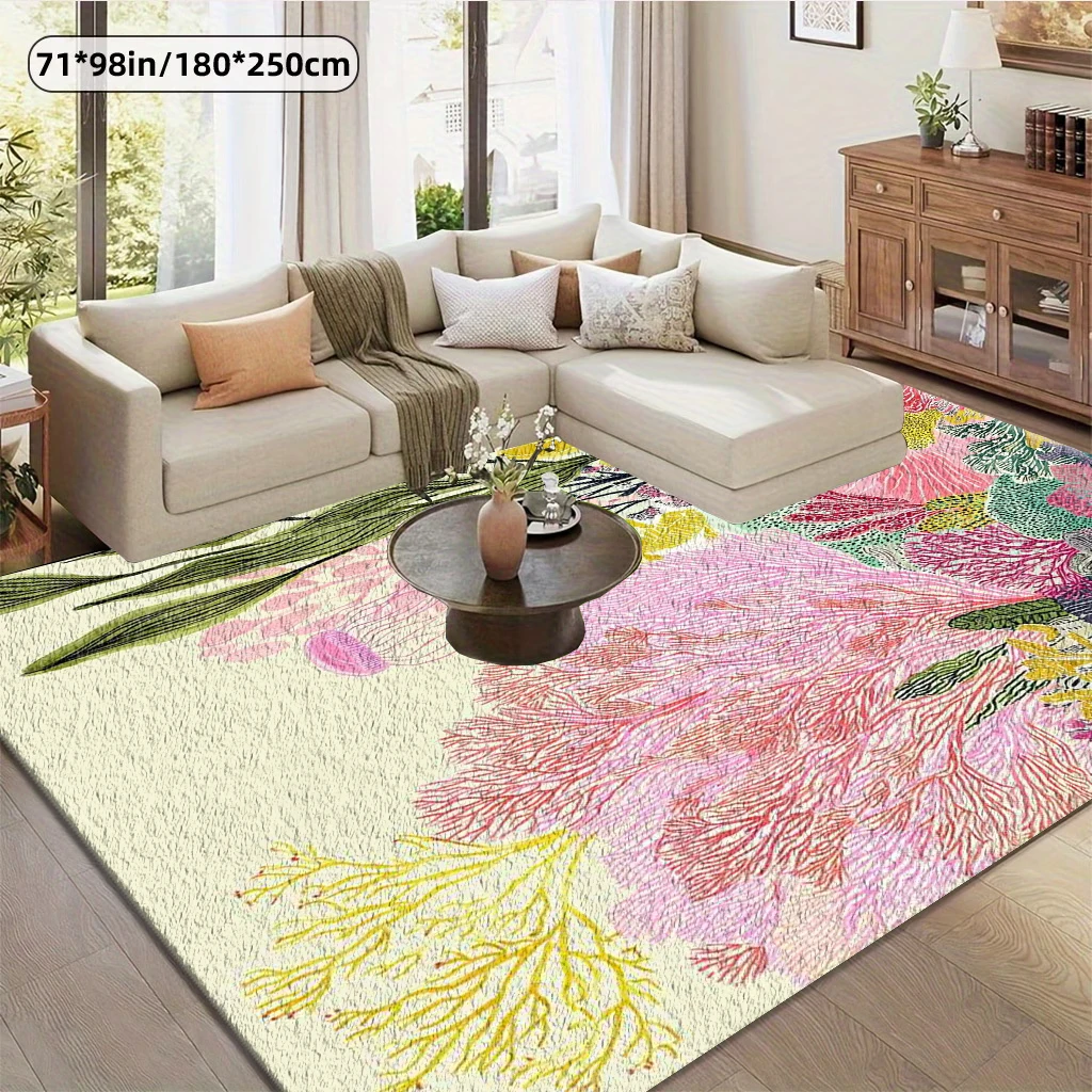 Nautical Coral Area Rug Pink Ocean Jellyfish Seaweed Illustration Carpet Soft Non-Slip Floor Mat for Living Room Bathroom Home Decor