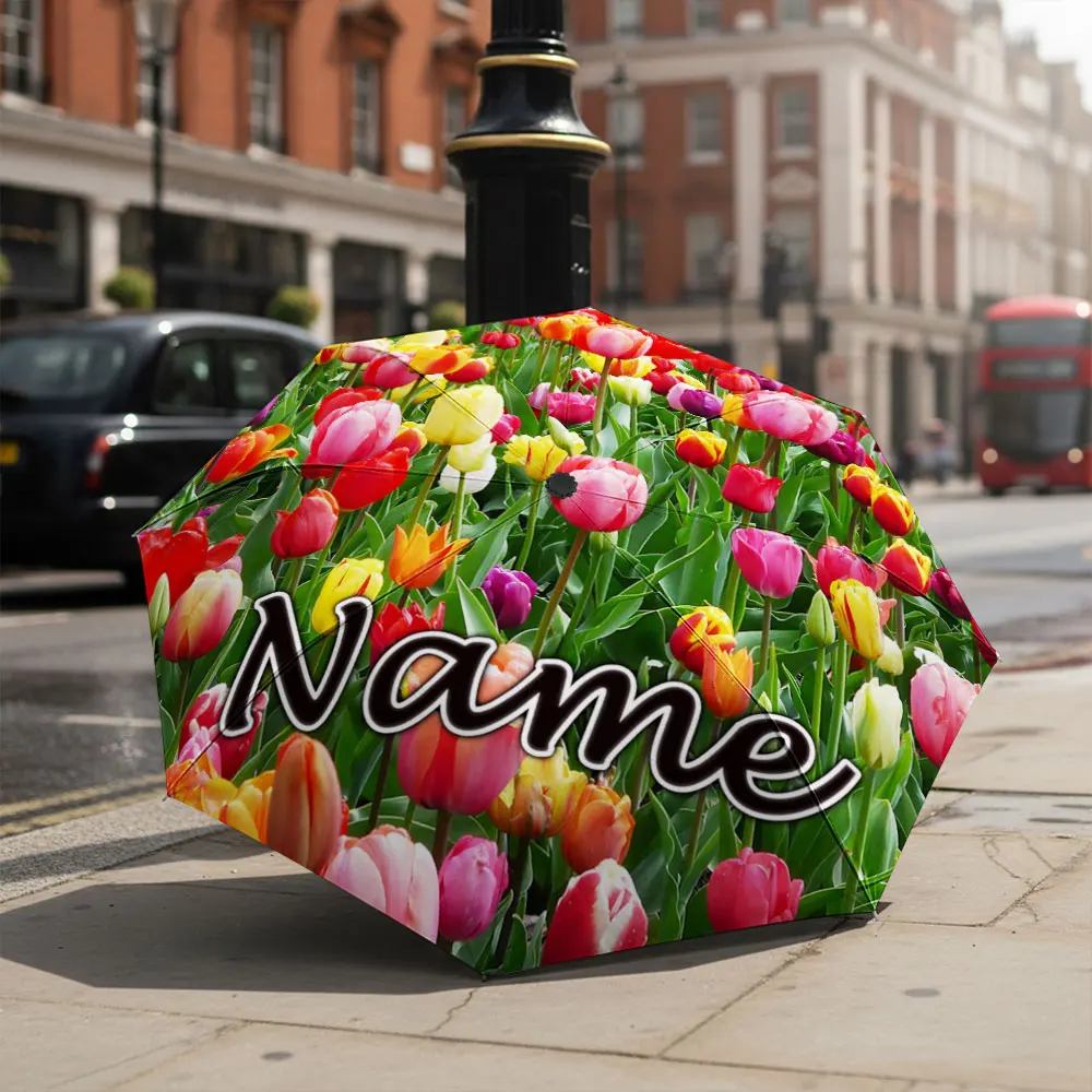 Custom Name umbrella,Tulip Pattern Floral Umbrella for Spring Fashion Folding Umbrella for Sunny and Rainy Days,Christmas Gift