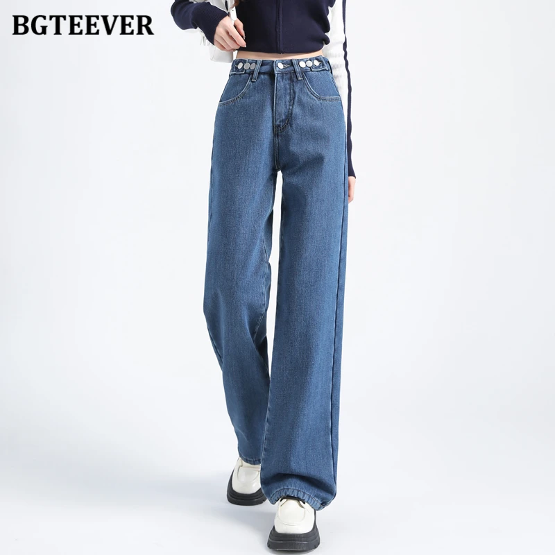 

BGTEEVER Casual Thicken Velvet Warm Ladies Straight Floor-Length Denim Pants Winter Fashion High Waist Loose Female Solid Jeans