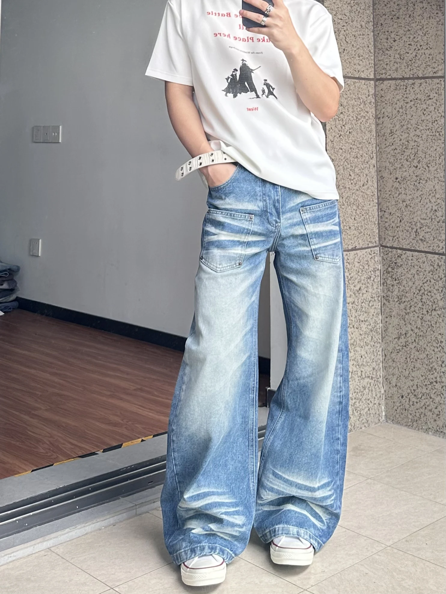 American Street Style Vintage Wash Blue Loose Fit Men's Jeans Cleanfit Denim Pants Casual Long Trousers Straight Leg Jeans