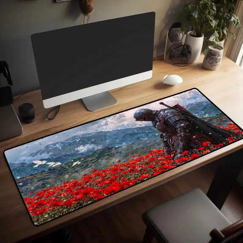 لوحة ماوس Epic Knight RGB - محارب القرون الوسطى في حقل الخشخاش، حصيرة مكتب ألعاب الخيال #3