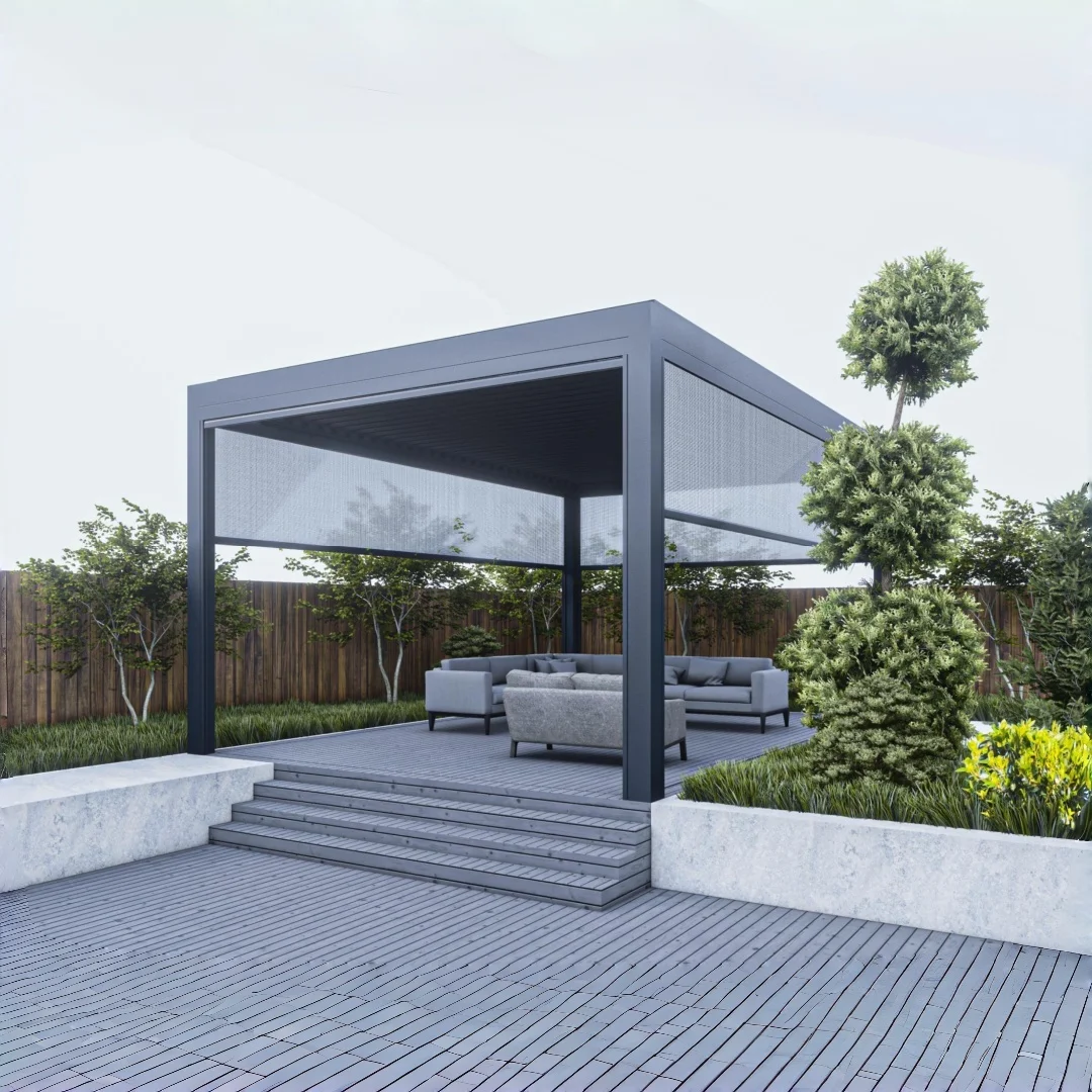 Outdoor Aluminum Alloy Rectangular Free Standing Waterproof Louver Opening Motorized Pergola Gazebo Balcony Luxury Modern Design