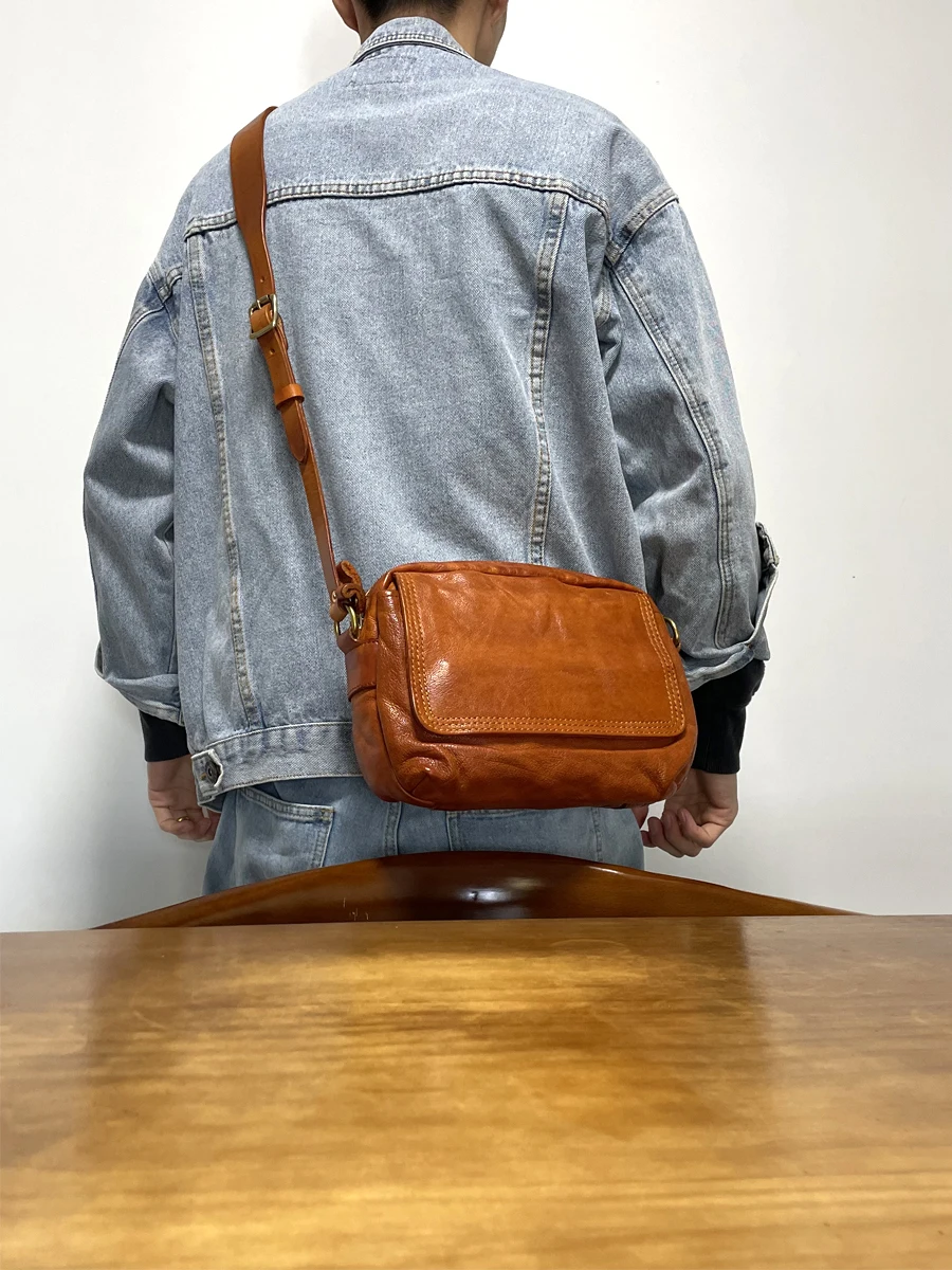 casual vintage high-quality first layer cowhide men's women's crossbody bag simple handmade luxury genuine leather shoulder bag