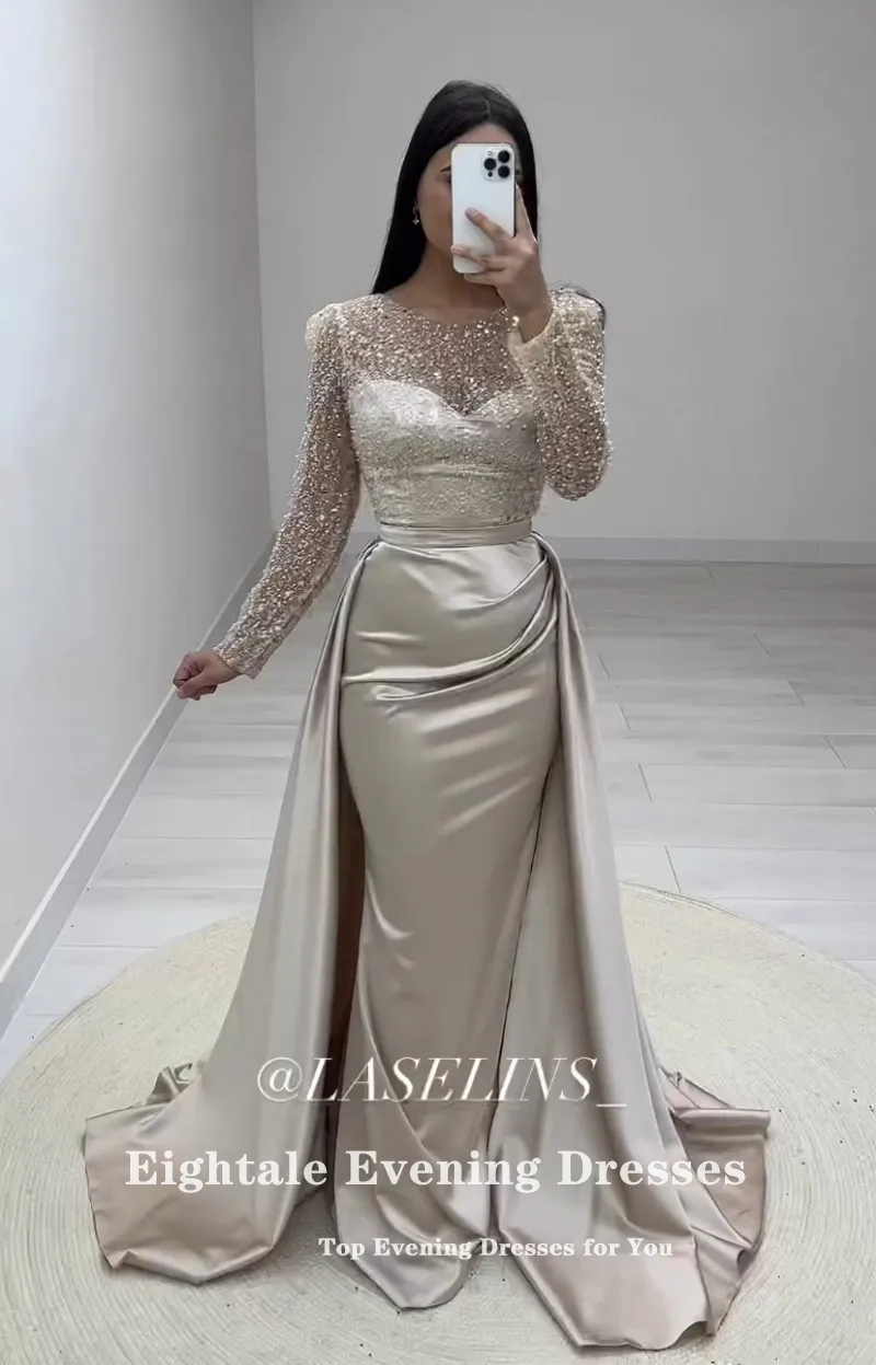 Eightale Luxury Evening Dresses with Detachable Skirt Customized Long Sleeves Satin Mermaid Party Prom Gown Vestidos De Noche