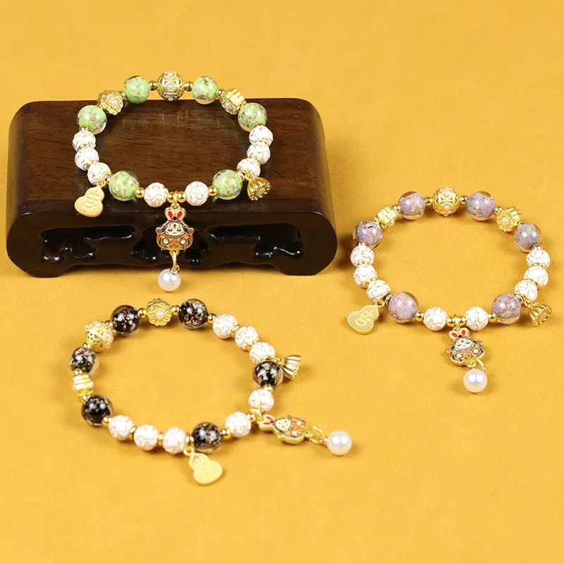 Cloisonne Bracelet with Ash Glaze Glass Beads Unique Rabbit God Design Elegant Hand Jewelry Gifts