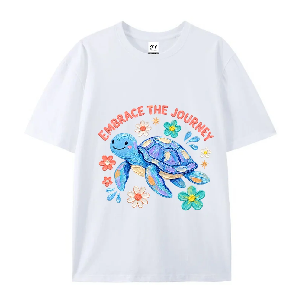 Women Sea Turtle Graphic T Shirt Embrace The Journey Oil Painting Flowers Kawaii Aesthetic White Loose Cotton Tops