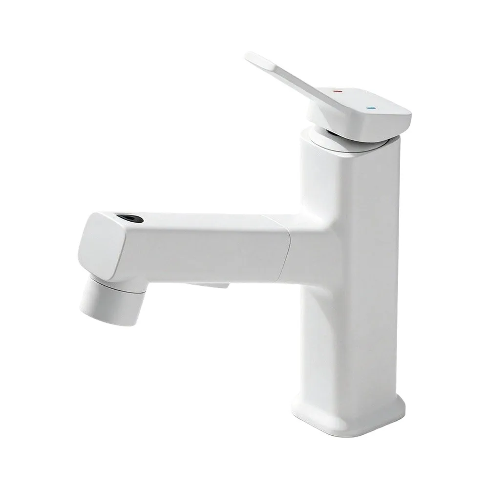 Countertop Faucet for Bathroom Basins Featuring Pull-Out Hose and Three-Way Water Jet Control with Copper Alloy Construction