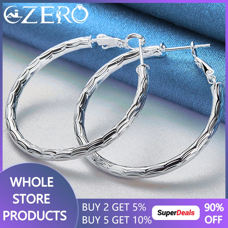 

925 Sterling Silver 40mm Wave Stripes Circle Hoop Earrings For Women Wedding Party Popular Jewelry Elegant Fashion Accessories