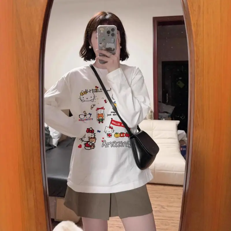 

Женские свободные хлопковые топы с длинными рукавами, с милым рисунком котенка, в стиле аниме, кавайная женская одежда, повседневная модная женская удобная мягкая футболка