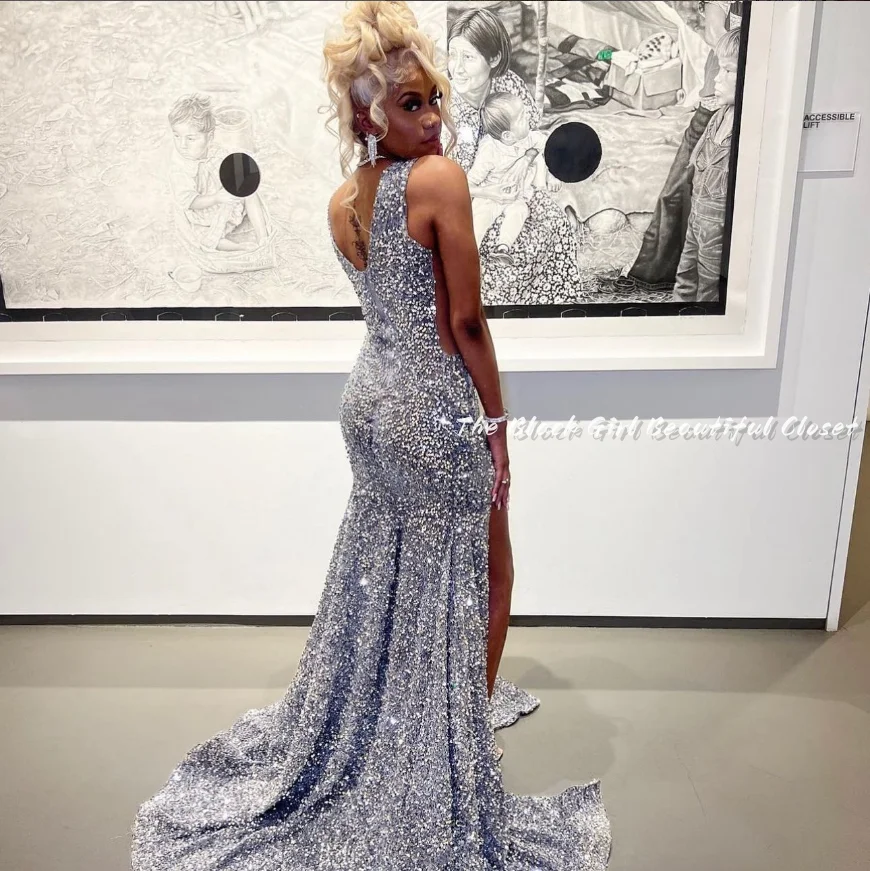 Exquisite Silver White Diamond Encrusted Prom Dresses 2024 Black Girls Glitter Pearls Sexy O Neck Birthday Party Dresses