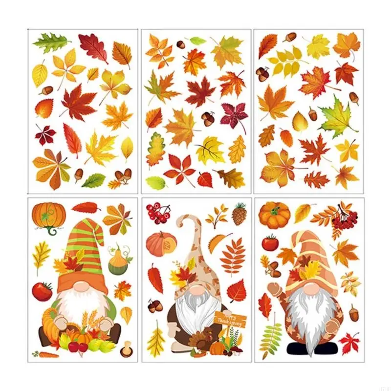 H7BF 6 Sheets Fall Thanksgiving Gnome Window Clings Decal Maple Leaf Wall Stickers