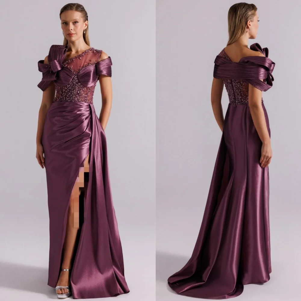 

Customized Sexy Sparkle Charmeuse Sequined Pleat Trumpet Off-the-shoulder Long Dresses Bespoke Occasion Formal