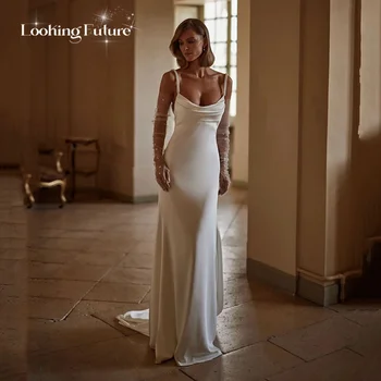 Elegancka satynowa suknia ślubna syrenka seksowne paski spaghetti Backless plisowane perły suknie ślubne tren typu Sweep dostosowane 2025