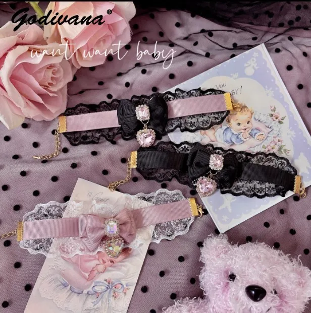 Japanese Lolita Sytle Women Accessories Sweet Lace Love Heart Bow Tie Rhinestone Oversleeves Brace Lace Bracelet