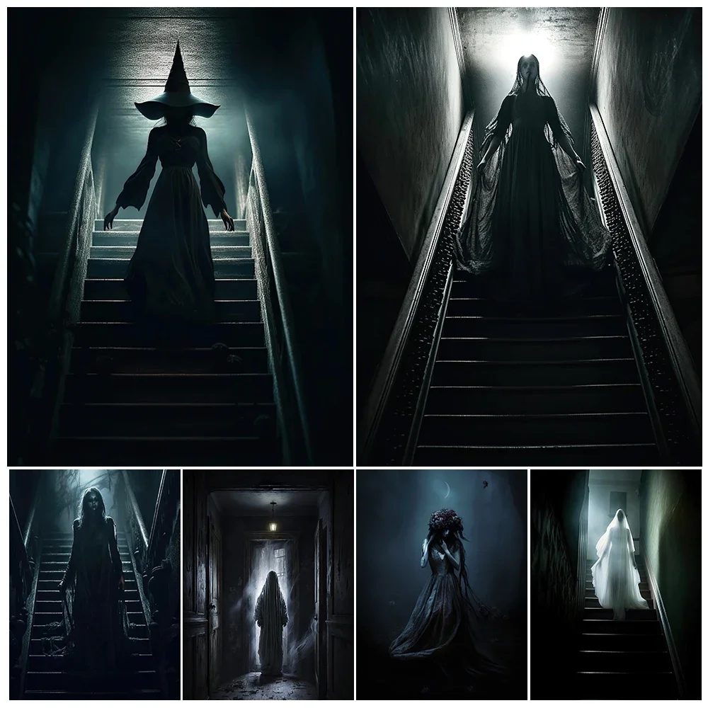 The Dark Undead And Witch On The Stairs And Attic Vintage Wall Art Canvas Painting Creepy Ghost & Demon Ai Art Poster And Print