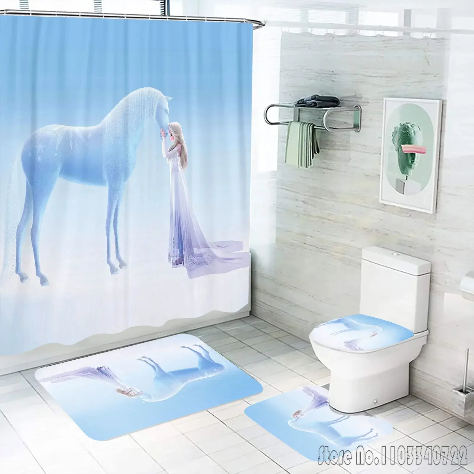 Frozen Princess Elsa Shower Curtain Bathroom Accessories 4 Piece Set Mats And 100% Polyester Decor Cute Funny