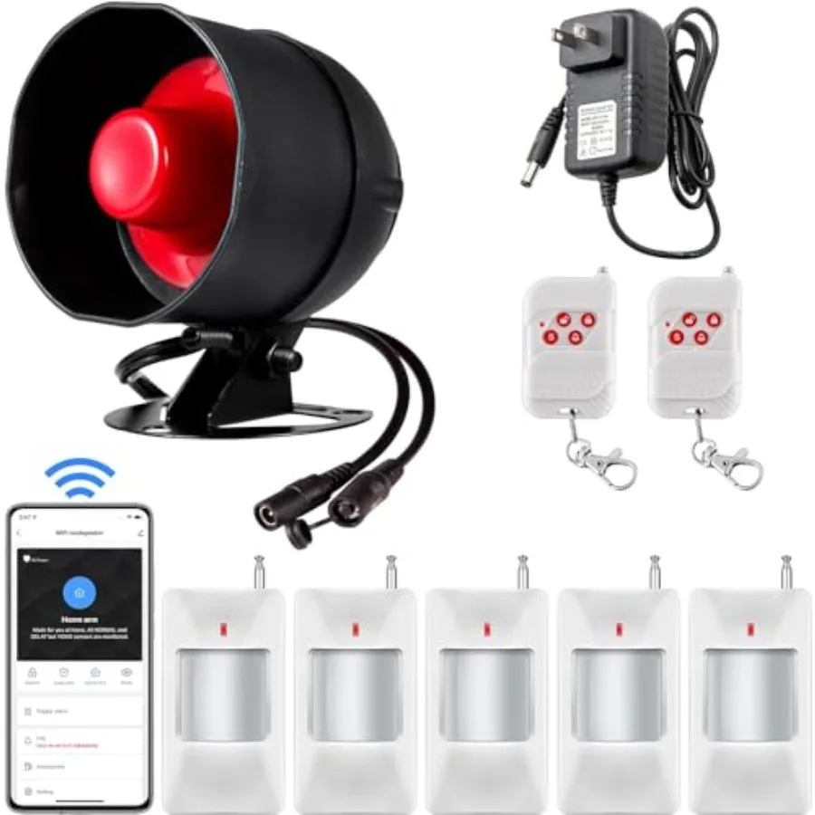 

WiFi Alarm Home Security System for shed and garage, ABS plastic, white, 120dB loud alarm with motion sensor and remote control