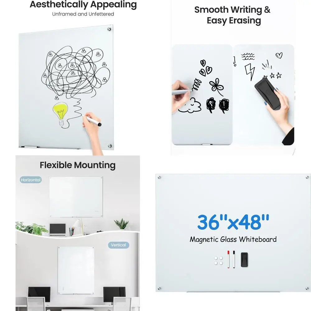 

Large 36 x 48 Frameless Magnetic Glass Whiteboard with Accessories for Wall Mount Use in Home, School, and Office