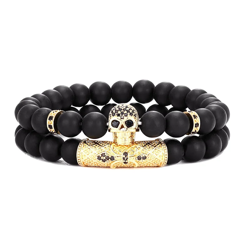 

2Pc/Set Men's Bracelet Black Frosted Stone Skull Cuff Bracelet Bangle Fashion Jewelry Accessories Gifts