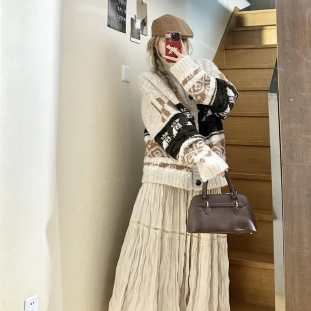 ヴィンテージフェアアイランドジャカードスタンドアップニットカーディガン女性の秋/冬ヨーロッパとアメリカのルーズ厚いトップ暖かいコート