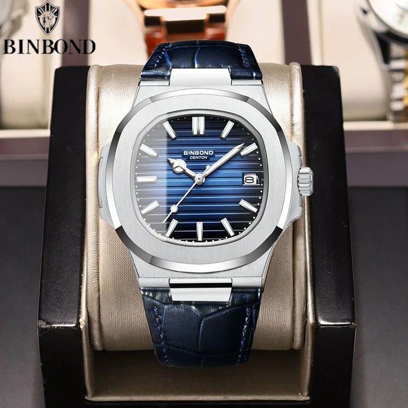 BINBOND Authentic New Men's Quartz Watchwith Waterproof Leather Strap Fashion Business Luminous Calendar Men Students Watches