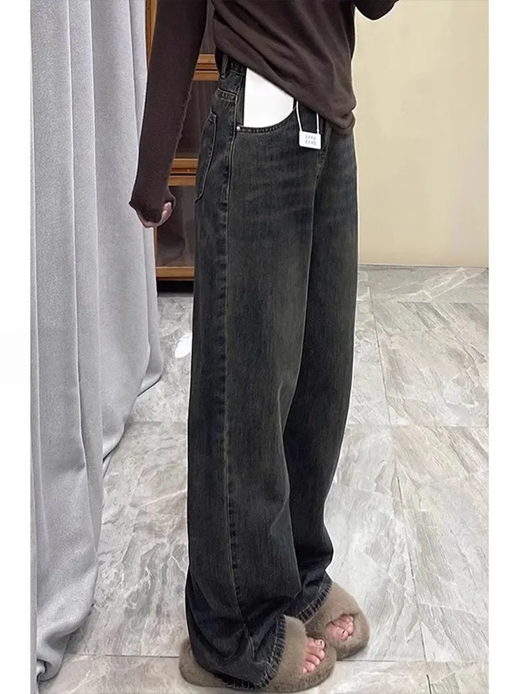 

High Waist Straight Leg Jeans Women's plus Size Loose Slimming Wide Leg Pants for Pear Shaped Body Cement Grey Casual Style