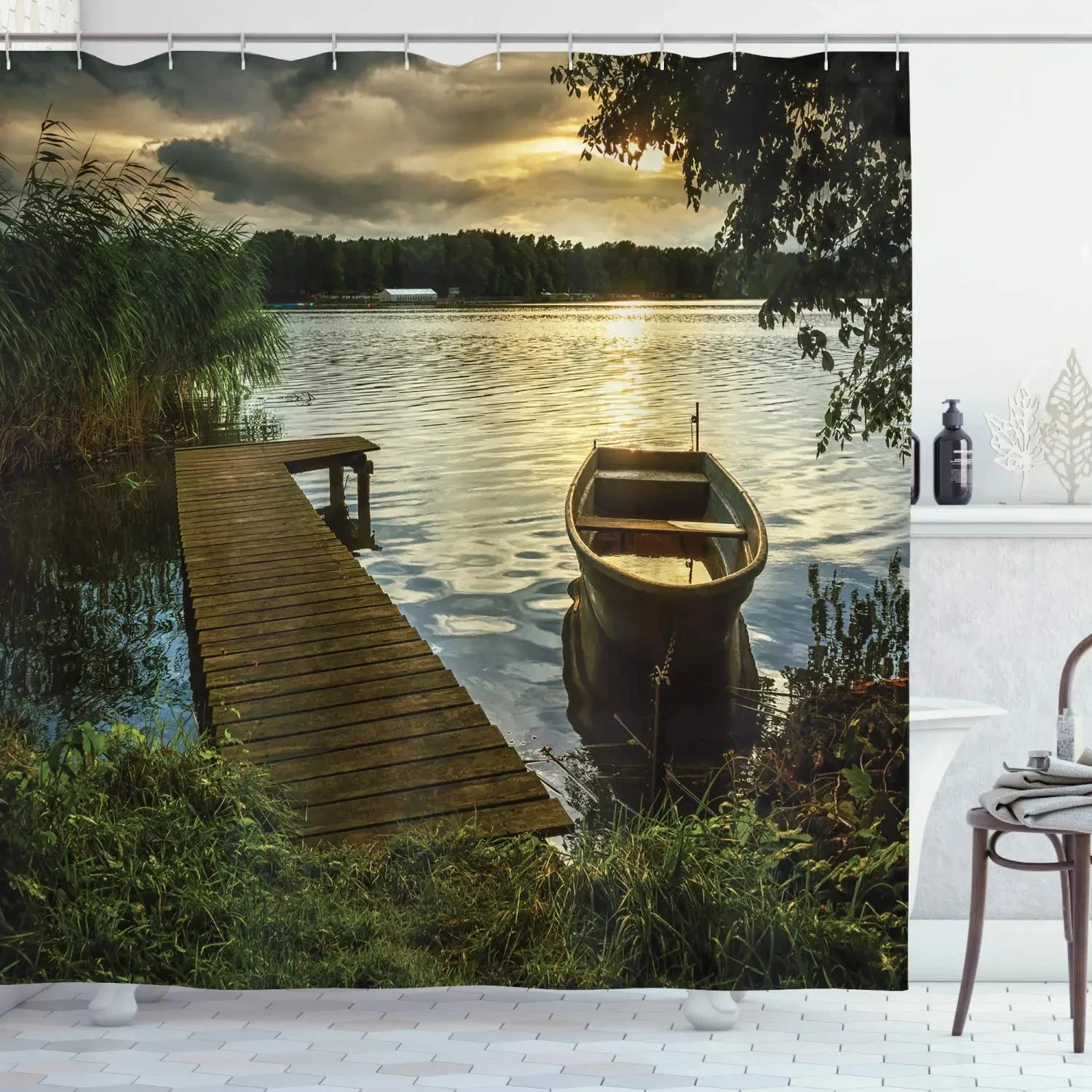 Wooden Bridge Print Shower Curtain Boat at Lake Shore Wooden Pier Sunset Sunbeams and Romantic Evening View, Polyester Fabric