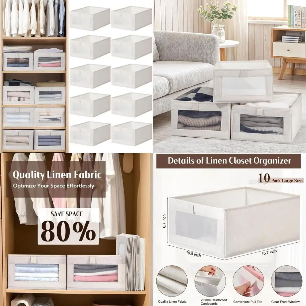 

Набор из 10 льняных органайзеров с прозрачными контейнерами для эффективного хранения в шкафу и организации одежды