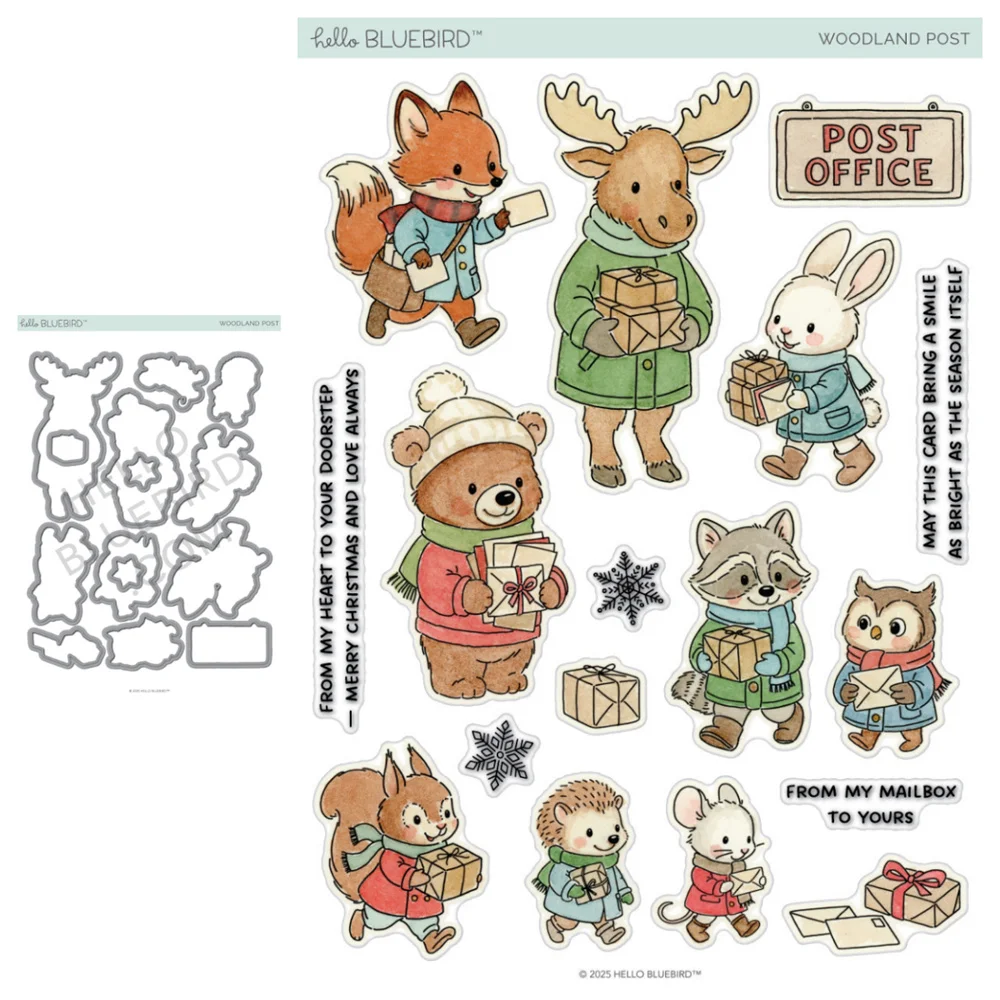 新しいハローブルーバードスタンプとダイ、郵便局広場シーンダイカット、そり遊びパーティー、メリーメールギフトタグ、ダイDIYスクラップブッキングカード