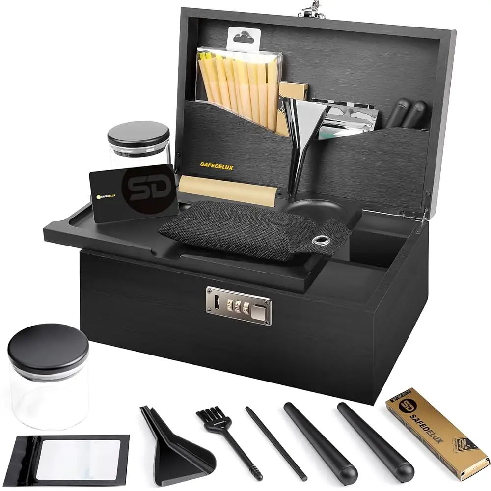 

Extra Large Bamboo Box With Combination Lock, Smell Proof Lockable Box & Detachable Compartment Set, Ludes Brush & Jars, Great