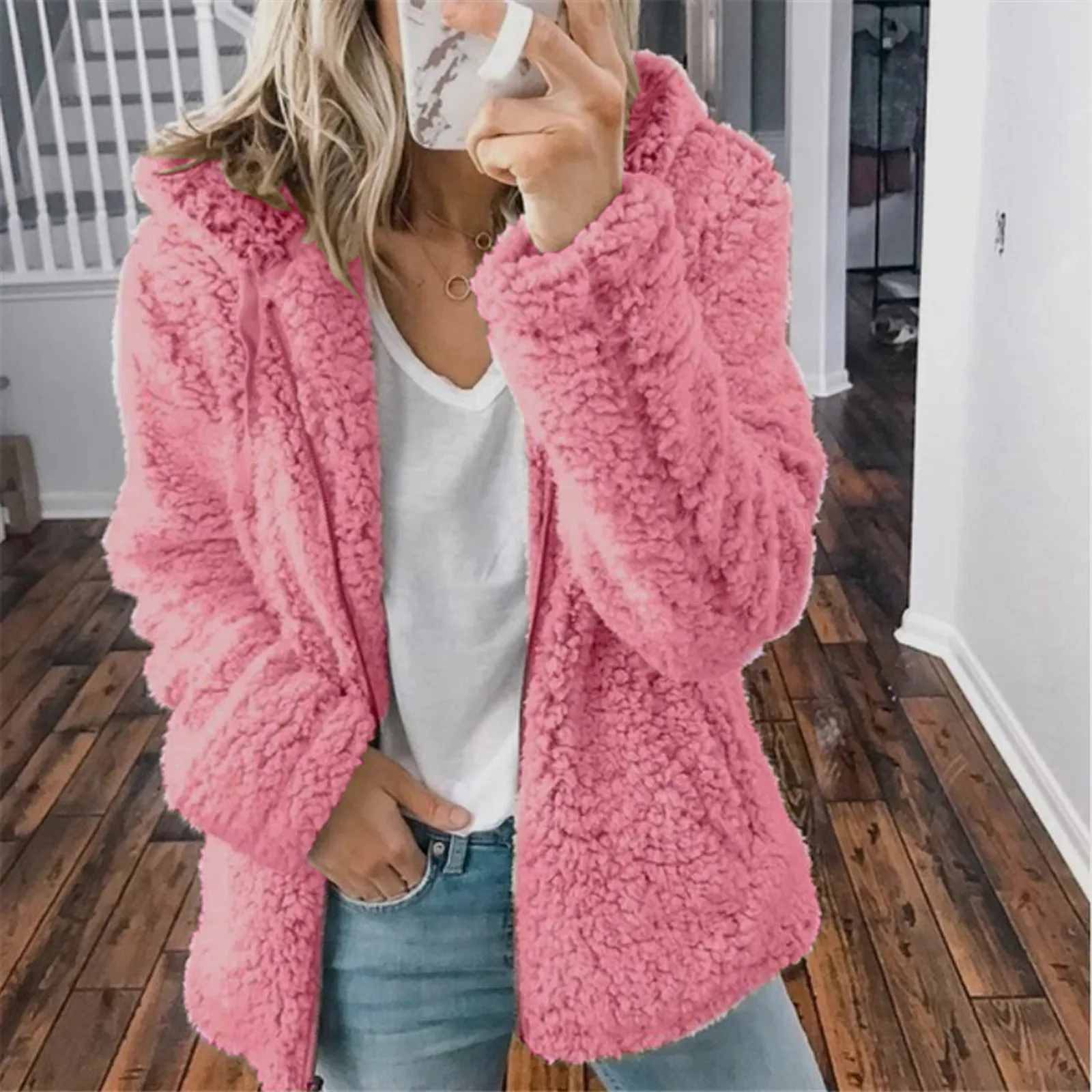 2024 Winter Clothes Women Elegant Bear Teddy Faux Fur Coat Thick Warm Soft Fleece Jacket Female Pocket Zipper Coat Veste Femme