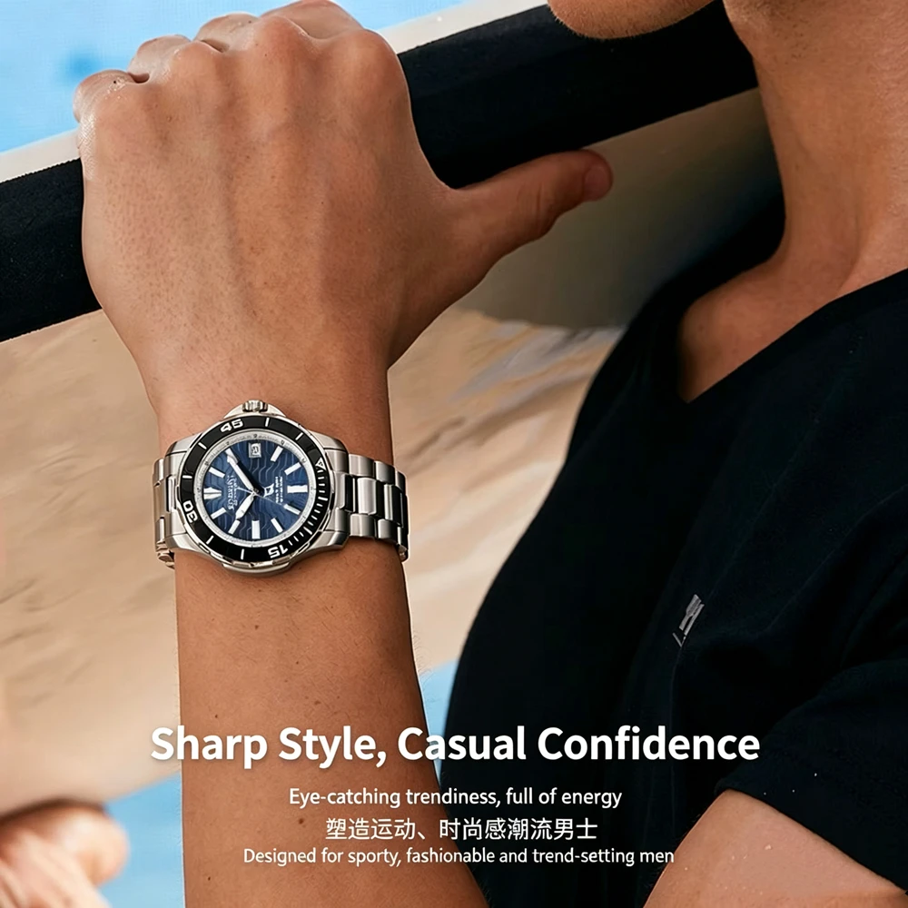 Sjmy×Rossini Co‑branded Blue Wave-Patterned Dial Men's Automatic Mechanical Watch Diving Series 100M Waterproof Strong Luminous