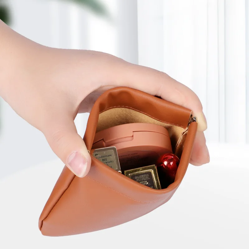 Leather Women Coin Purse Automatic Close Metal Shrapnel Mini Storage Bag Portable Lipstick Earbuds Card Key USB Solid Bag