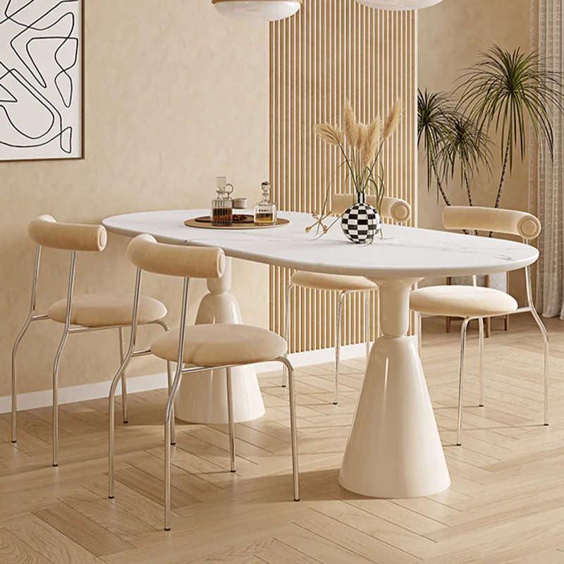 

French cream style rock slab dining table, small apartment, home oval, net red light luxury, modern simple ins-style