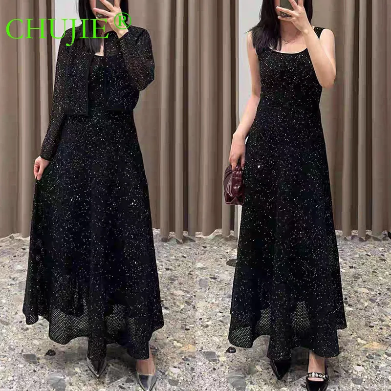 

CHUJIE 2026 Spring/Summer New Black Sequin Hollow Out Round Neck Knitted Cardigan + Slimming Camisole Long Dress