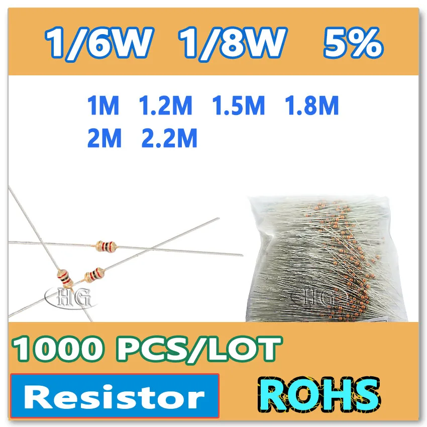 JASNPROSMA 1000 PÇS/LOTE 5% 1/6W 1/8W 1M 1.1M 1.2M 1.5M 1.8M 2M 2.2M filme de carbono DIP OHM 1 1.1 1.2 1.5 1.8 2 2.2 Resistor