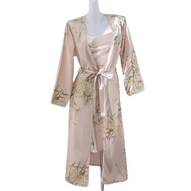 Thin Ladies Home Clothes Set Summer Season Belted Robe Nightgown Two-Piece Outerwear Long Sleepwear Suit Simple Design