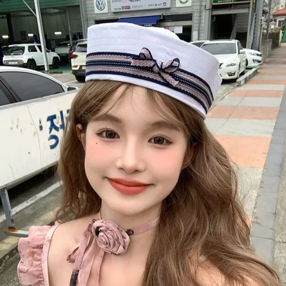 New White Navy Marine Captain Cap Flip Brim Dome Bow Navy Hat Spring Summer Berets Women