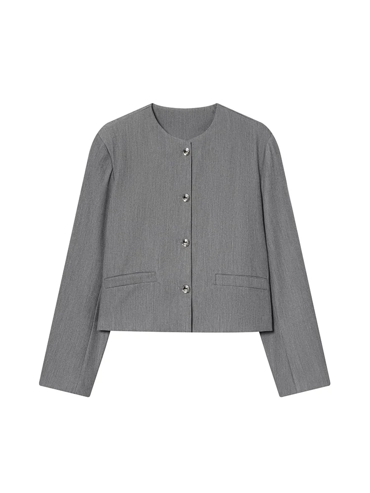 

European style new women's fashion versatile and elegant solid color round neck single-breasted short suit jacket
