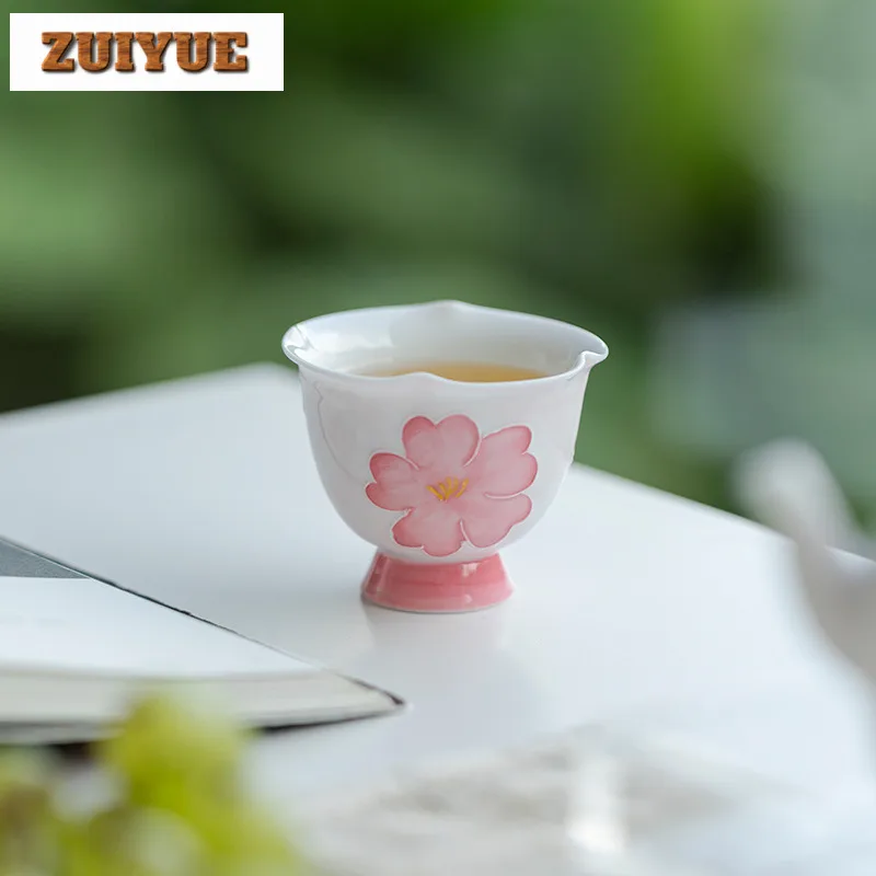 60ml Japanese Arita Porcelain Teacup Handmade Flower Mouth Cup Hand Drawn Flower Aroma Cup High Foot Meditation Cup Drinkware