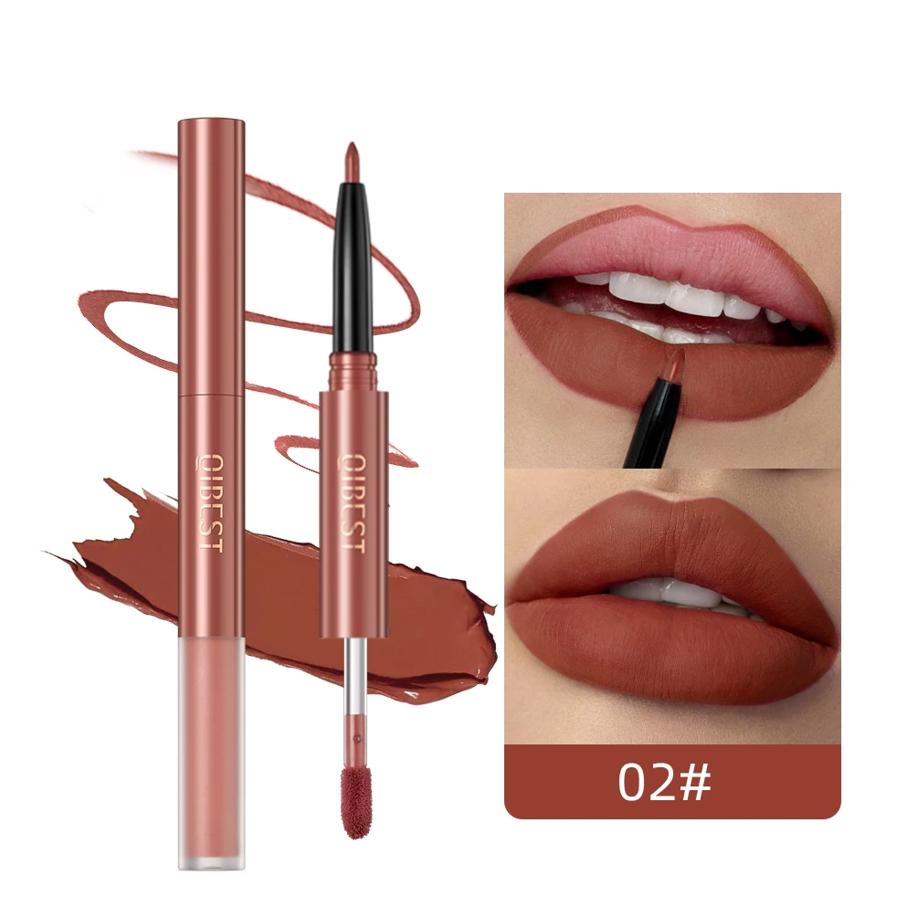 QIBEST-delineador de labios 2 en 1, lápiz labial de terciopelo mate, resistente al agua, lápiz labial de larga duración, maquillaje de contorno