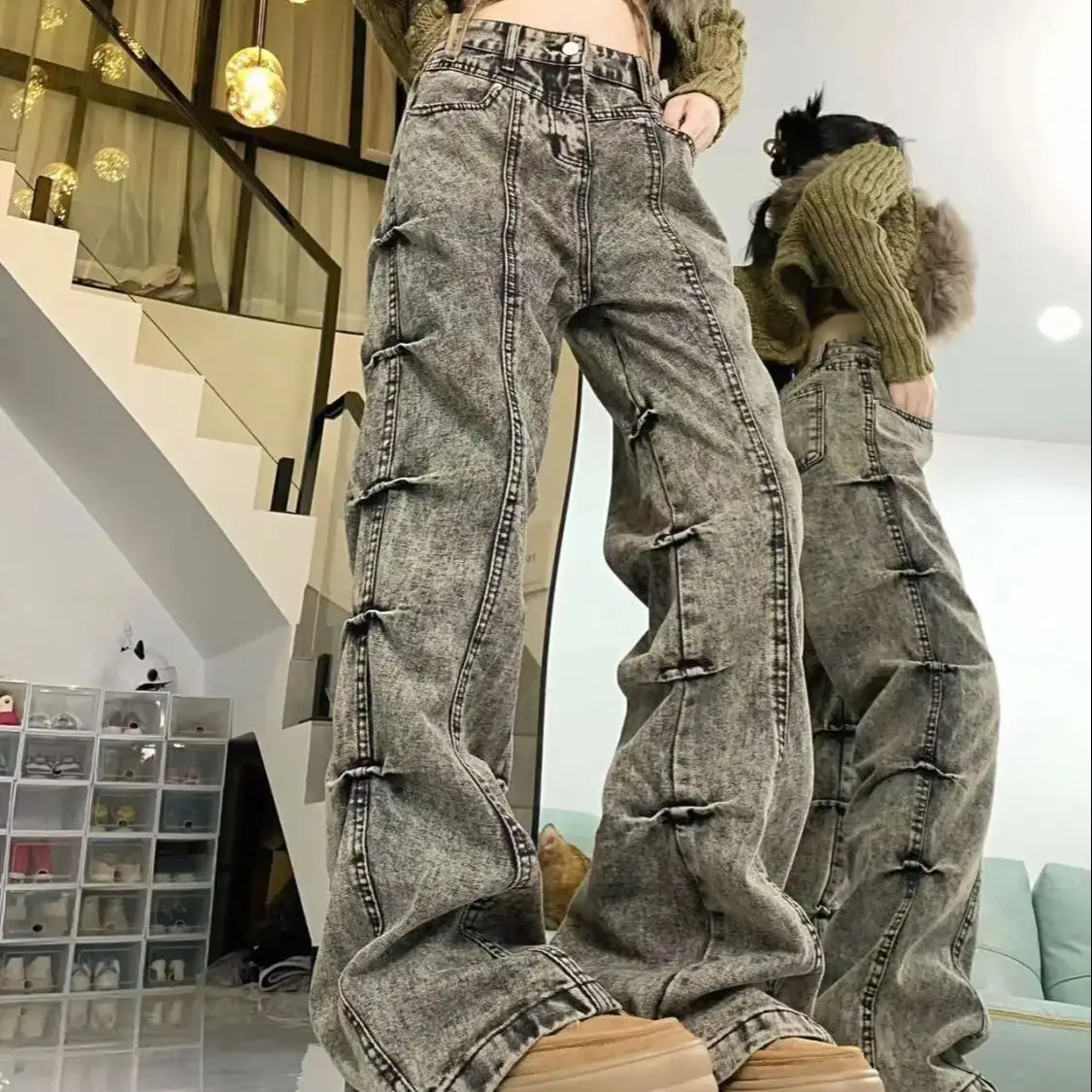 

American Retro Washed Micro-Flared Jeans Women Pleated Design Distressed Street Style Loose High-Waisted Long Wide-Leg Pants