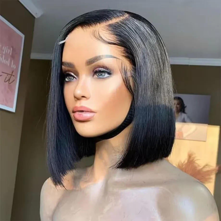 

13×4 180% Density Short Bob Natural Black Straight HD Transparent Swiss Lace Front Wig Brazilian Remy Hair 100% Human Hair Wigs