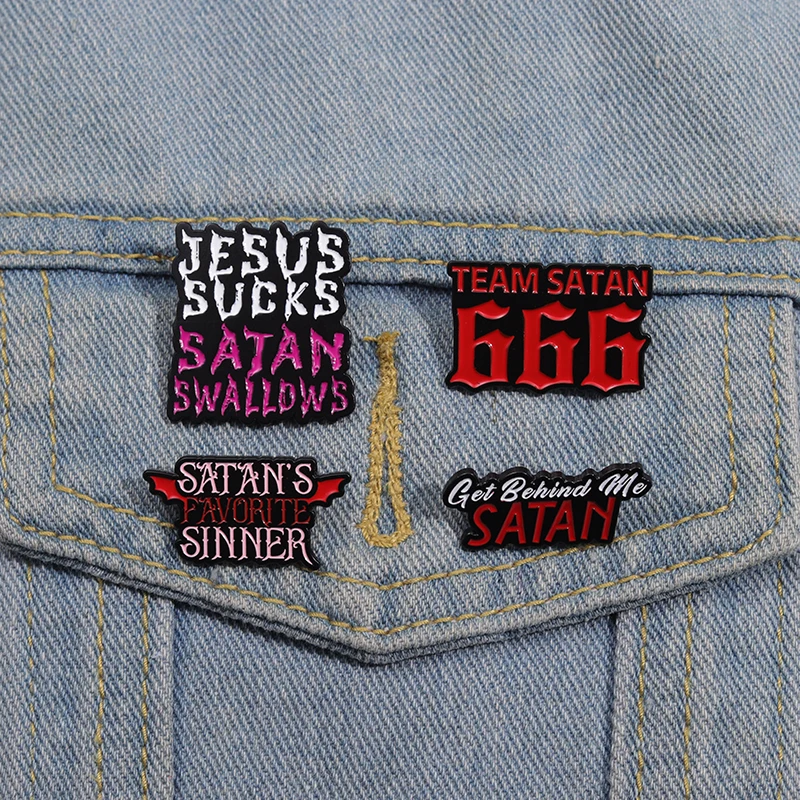 Jesus satan หมุดเคลือบบาปที่ชื่นชอบของทีมซาตานเข็มกลัด666ปกเสื้อป้ายโลหะตกแต่งของขวัญสำหรับพระเยซูคริสต์