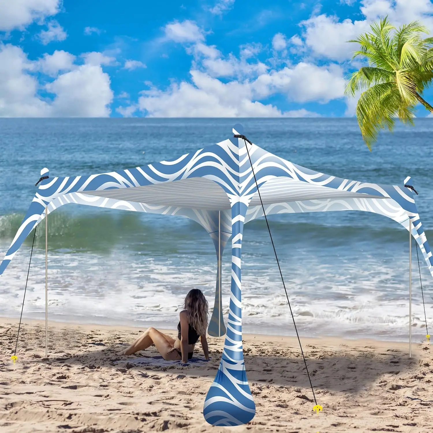 Tent Pop Up Shade 10x10ft Beach Canopy Sun Shelter UPF50+ with 4 Foldable Poles-Portable Carrying Bag-Sand Shovel-Ground Pegs-Wi